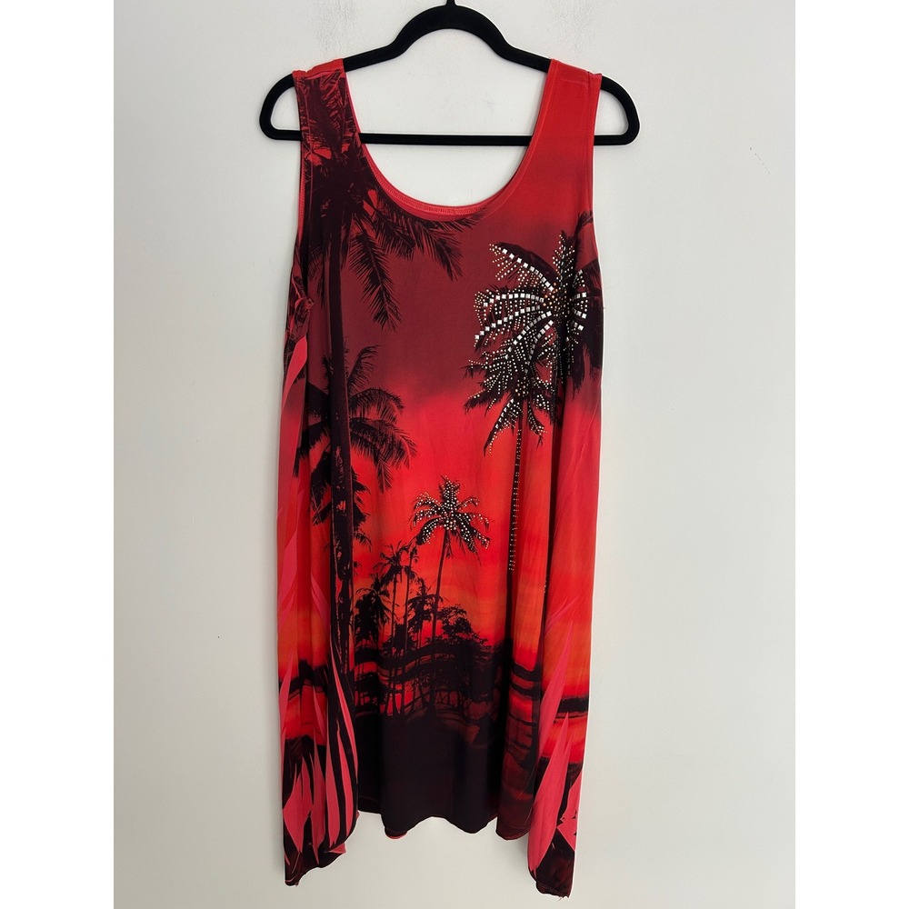 Tropical Sunset Palm Tree Rhinestone‎ Handkerchief Hem Sleeveless Dress Red XL